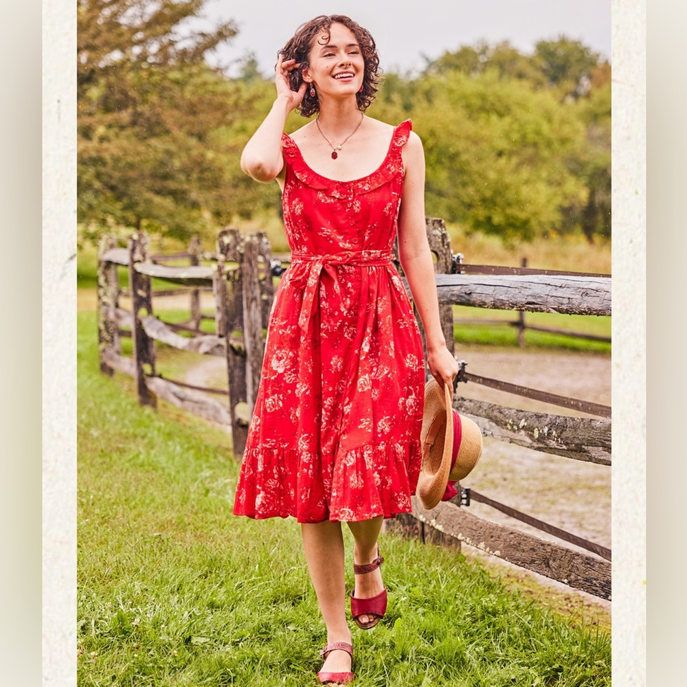 Francesca Dress by April Cornell, Size XS, Red Floral, Cotton Sleeveless Midi